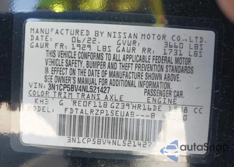 2022 Nissan Kicks S Xtronic Cvt z USA, uszkodzony, nr VIN 3N1CP5BV4NL521427
